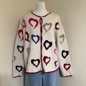 Vintage Talbots Heart Print Cotton Knit Cardigan Sweater Womens XL Cream Pink